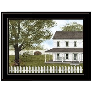 White Farmhouse with Picket Fence Black Framed Print Wall Art - 606114034896