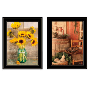 Set Of Two Vintage Country And Sunflowers 2 Black Framed Print Wall Art - 606114680369