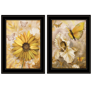 Set Of Two Flowers And Butterflies 2 Black Framed Print Wall Art - 606114682141