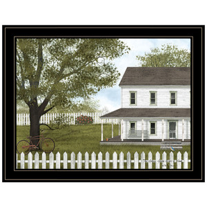 White Farmhouse with Picket Fence Black Framed Print Wall Art - 606114034919
