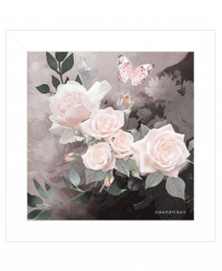Pink Roses and Butterfly White Framed Print Wall Art - 606114072454