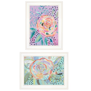 Set Of Two Colorful Big Bloom Abstract Flowers White Framed Prints Wall Art - 606114062394