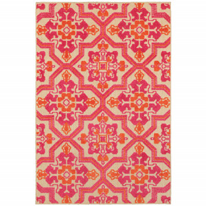 5' x 8' Pink and Orange Medallion Indoor Outdoor Area Rug - 4512822764517