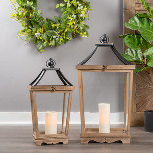 Set Of Two Brown Flameless Floor Lantern Candle Holder - 606114742913