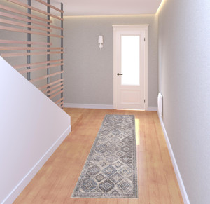 8' Ivory and Tan Floral Power Loom Distressed Washable Runner Rug - 606114776208