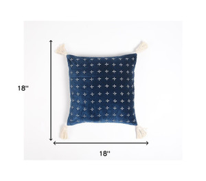 18" X 18" Blue and White Geometric Cotton Pillow Cover With Embroidery and Tassels - 606114846277