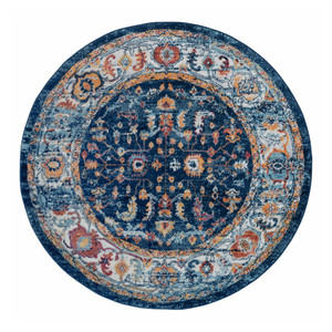 6' Blue and Orange Round Oriental Power Loom Area Rug - 606114807414