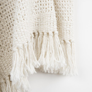 50" X 60" White Cotton Knitted Throw Blanket with Fringe