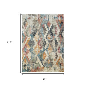 8' x 10' Beige Blue and Gray Geometric Distressed Area Rug With Fringe - 606114884125