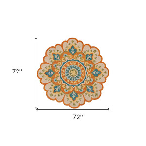 6' Orange and Blue Round Wool Floral Hand Tufted Area Rug - 606114894919