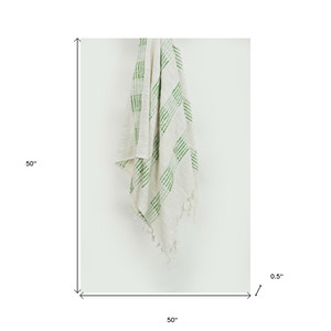 Gray and Green Woven Cotton Throw Blanket with Fringe