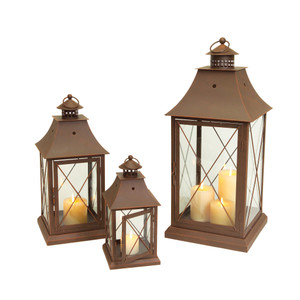 Set Of Three Brown Flameless Floor Lantern Candle Holder - 606114742487