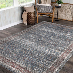5' X 8' Blue Oriental Distressed Stain Resistant Area Rug - 606114688464