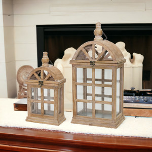 Set Of Two Brown Flameless Floor Lantern Candle Holder - 606114742562