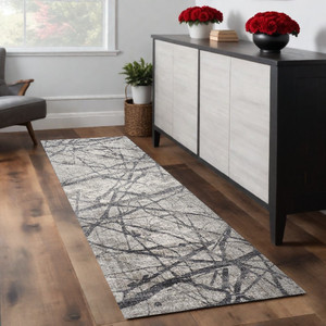 8' Gray and Ivory Abstract Power Loom Distressed Runner Rug - 606114913740