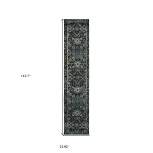 Homeroots Home Decor 2' X 10' Oriental Runner Rug, Navy and Blue, Power Loom Stain Resistant