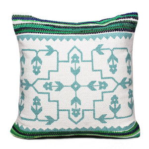 20" X 20" Green White And Blue 100% Cotton Geometric Zippered Pillow - 606114693673