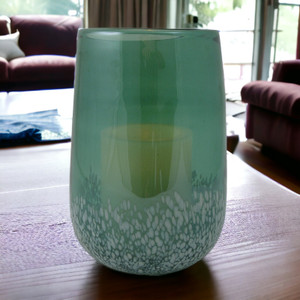 8" Green and White Glass Tabletop Hurricane Candle Holder With Candle - 606114824589