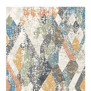 8' Beige Blue and Gray Geometric Distressed Runner Rug With Fringe - 606114884071