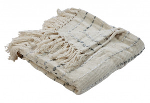 Cream Woven Cotton Striped Throw Blanket - 606114789161