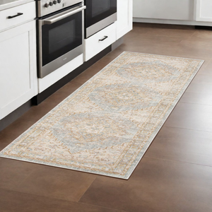 8' Tan And Gray Medallion Distressed Runner Rug