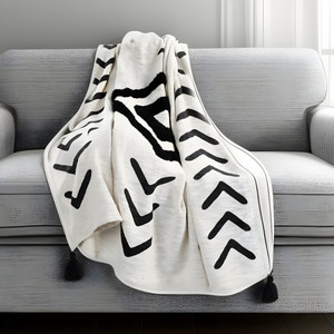 Black and White Woven Cotton Geometric Throw Blanket - 606114787761