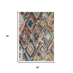 2' x 3' Blue Geometric Distressed Area Rug With Fringe - 606114885054