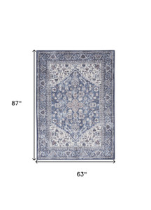 5' x 7' Gray Ivory and Blue Floral Power Loom Distressed Washable Area Rug - 606114757016