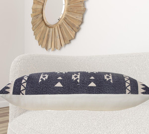 14" X 36" Navy And White 100% Cotton Geometric Zippered Pillow - 606114697695