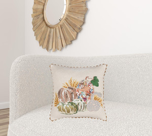 20" Beige and Green Thanksgiving Cotton Pillow With Applique, Embroidery Edges - 606114878094