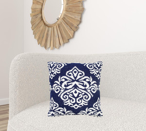 Homeroots Home Decor 20 X 20 Inches Blue and White 100% Cotton Damask Zippered Pillow