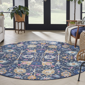8' Navy Blue Round Floral Power Loom Area Rug - 606114713081