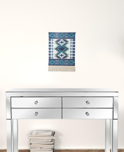 36" X 20" Blue Ivory And Teal Southwestern Cotton Hanging Tapestry