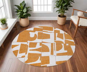 8' Yellow and White Round Geometric Non Skid Area Rug - 606114907602