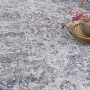 8' Gray and Ivory Floral Power Loom Distressed Washable Runner Rug - 606114776284