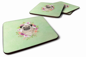 Green Flowers Design with Dog Foam Coaster Set of 4 - 194030076996