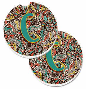 Letter Retro Tribal Alphabet Initial Cup Holder Car Coasters (Set of 2) - 638508586483