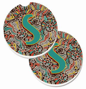 Letter Retro Tribal Alphabet Initial Cup Holder Car Coasters (Set of 2) - 638508586643