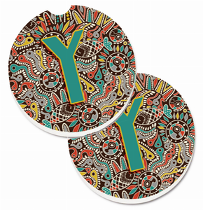 Letter Retro Tribal Alphabet Initial Cup Holder Car Coasters (Set of 2) - 638508586704