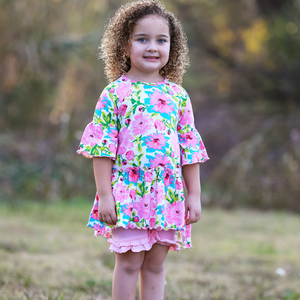 AnnLoren Little & Big Girls 3/4 Angel Sleeve Pink Green Big Floral Cotton Knit Ruffle Shirt - 633632263828