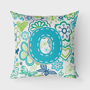 Letter Flowers and Butterflies Teal Blue Fabric Decorative Pillow - 615872980789