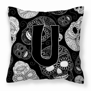 Monogram Letter Day of the Dead Skulls Black Fabric Decorative Pillow - 615872977475