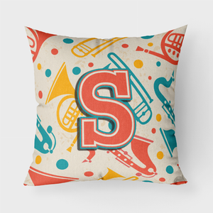 Letter Retro Teal Orange Musical Instruments Initial Fabric Decorative Pillow - 615872979530