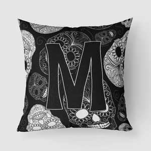 Letter Day of the Dead Skulls Black Fabric Decorative Pillow - 615872981281