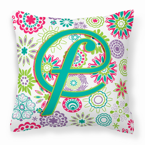 Caroline's Treasures Monogram Letter Flowers Fabric Decorative Pillow, 14x14 Inches Accent Cushion