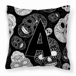 Monogram Letter Day of the Dead Skulls Black Fabric Decorative Pillow - 615872977277
