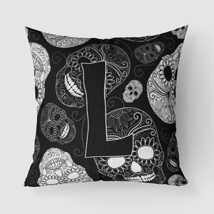 Letter Day of the Dead Skulls Black Fabric Decorative Pillow - 615872981274
