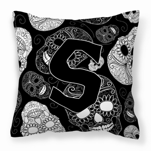 Monogram Letter Day of the Dead Skulls Black Fabric Decorative Pillow - 615872977451