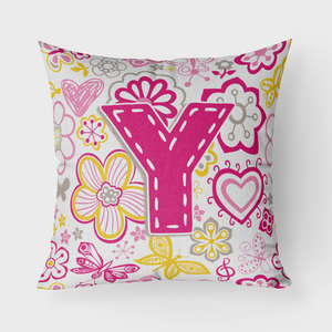 Letter Flowers and Butterflies Pink Fabric Decorative Pillow - 615872980628