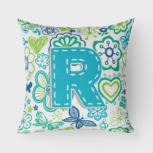 Letter Flowers and Butterflies Teal Blue Fabric Decorative Pillow - 615872980819